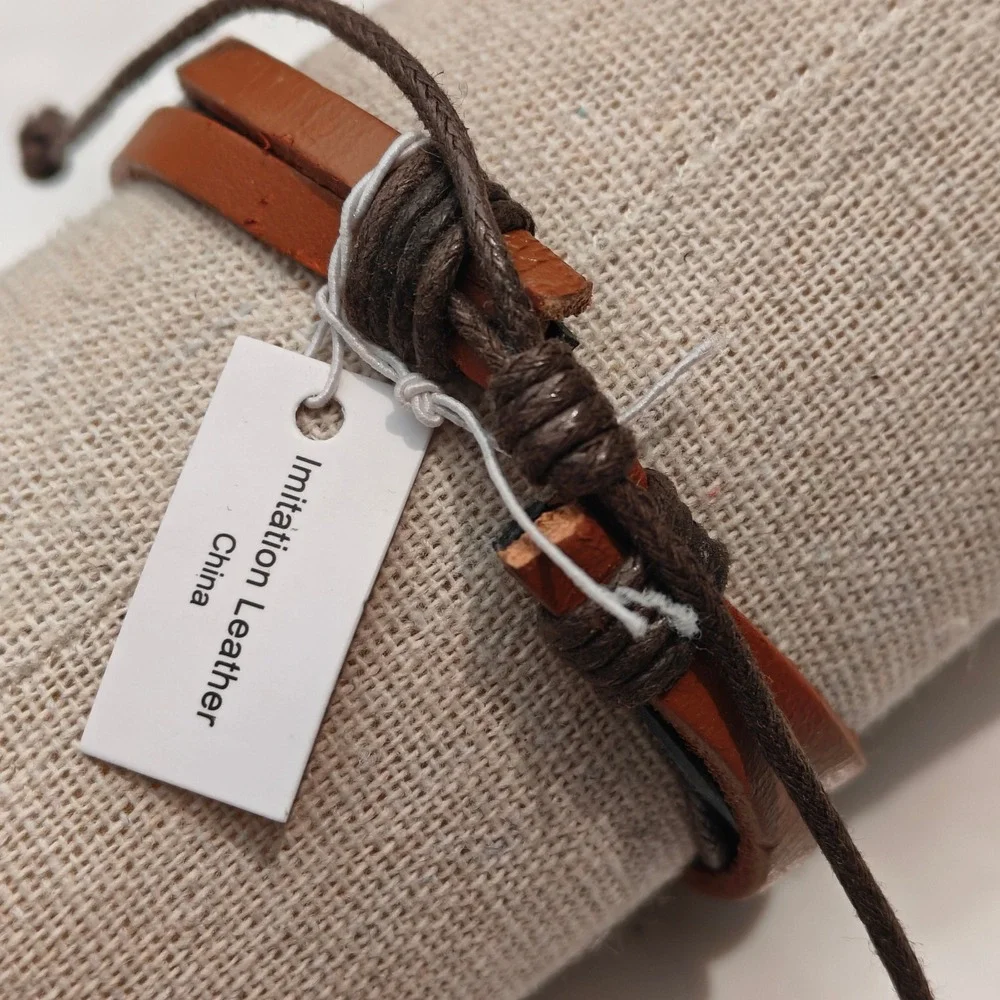Mens Brown Black Faux Leather Bracelet Knotted Cord Adjustable Multi-Strand